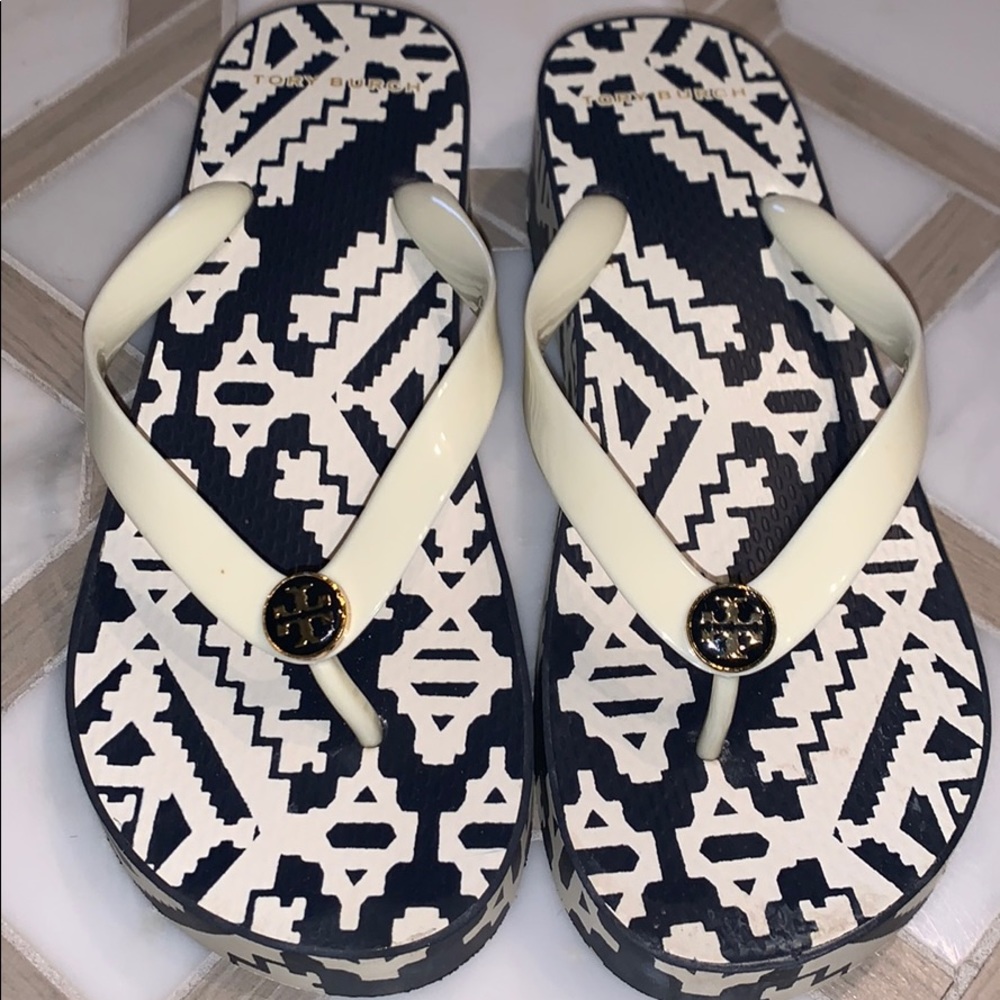 Tory Burch wedge flip flops, navy